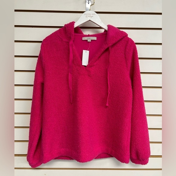 LOFT NWT Faux Sherpa Hoodie Sweater - Fuchsia Pink Size Small Soft‎ Pull Over - Picture 1 of 9